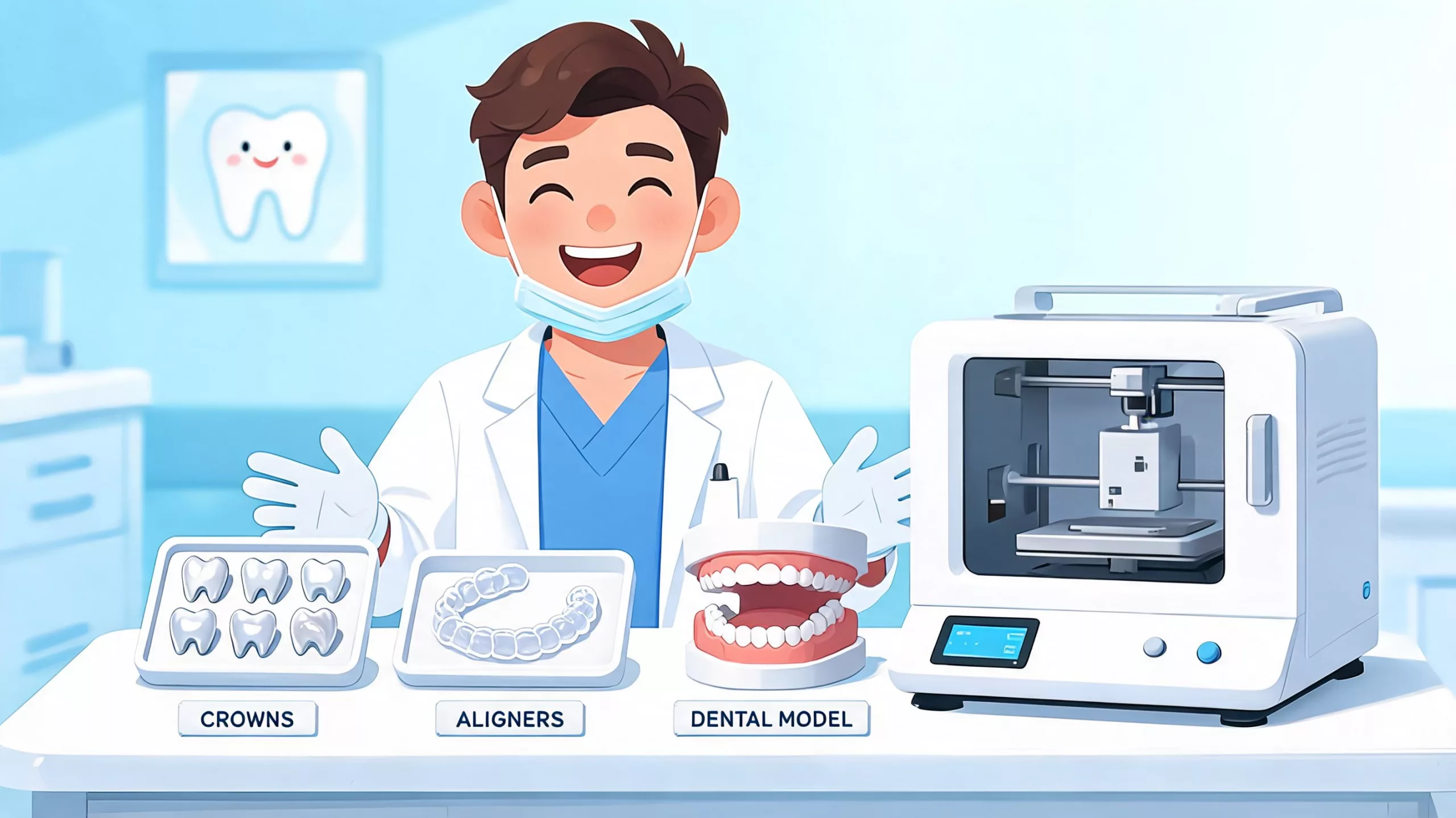 Ein freundlicher Zahnarzt präsentiert 3D-gedruckte Zahnkronen, Aligner und ein Zahnmodell in seiner modernen Zahnarztpraxis.