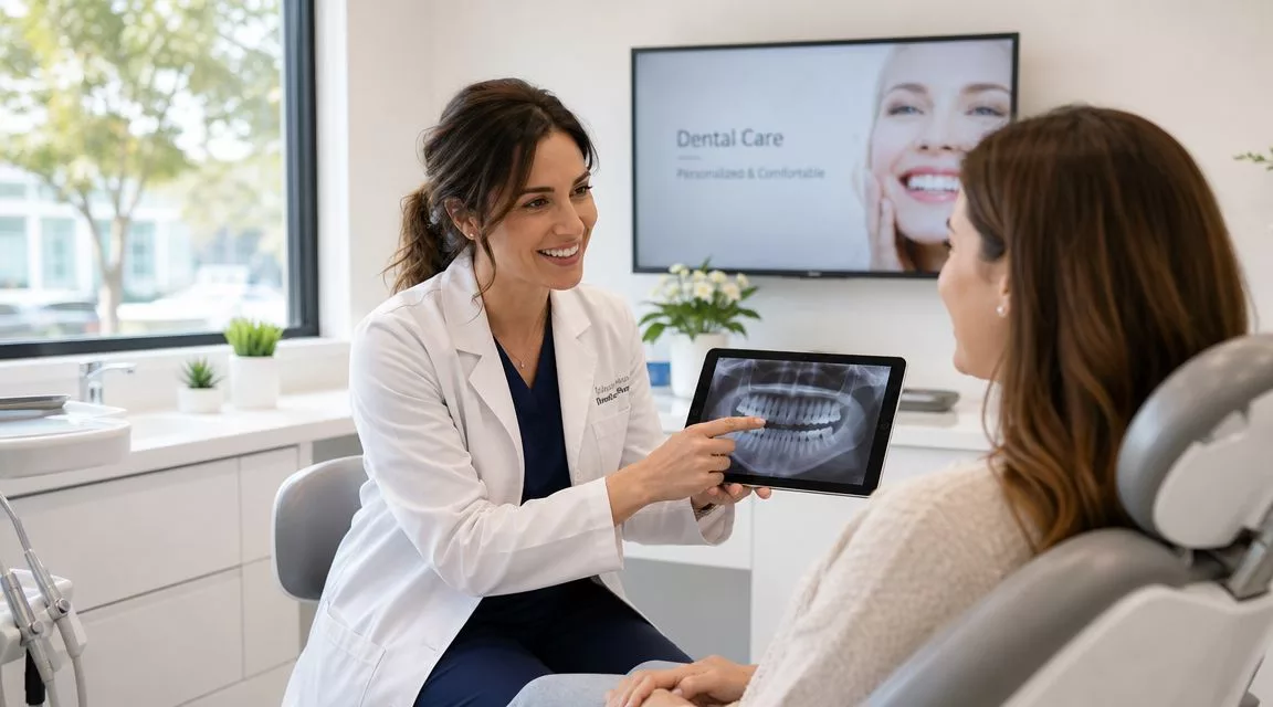 Eine Zahnärztin erklärt einer Patientin anhand eines digitalen Röntgenbildes auf einem Tablet ihren aktuellen Gebisszustand in der Praxis.