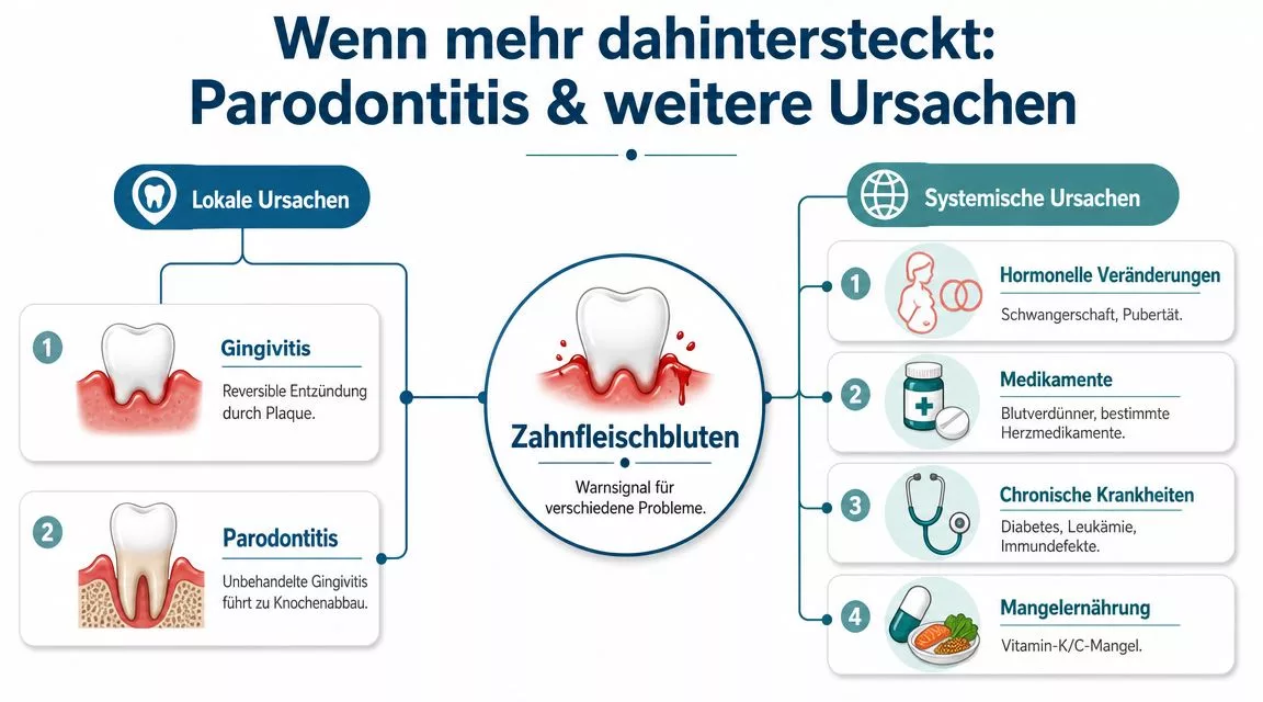 Infografik zeigt Ursachen von Zahnfleischbluten, unterteilt in lokale Probleme und systemische gesundheitliche Faktoren im menschlichen Körper.