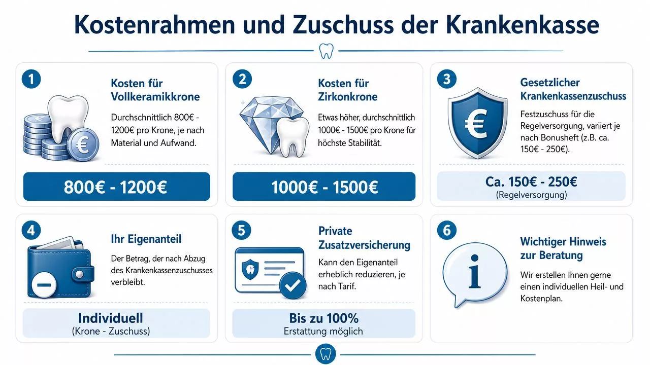 Eine Infografik zur Übersicht der Kosten für Zahnkronen und dem Zuschuss der gesetzlichen Krankenkasse.
