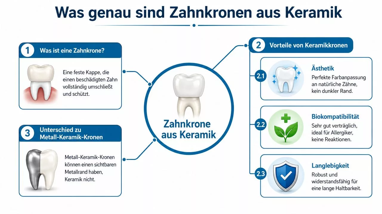 Infografik über die Vorteile und Eigenschaften von Zahnkronen aus Keramik im Vergleich zu Metall-Keramik-Kronen.
