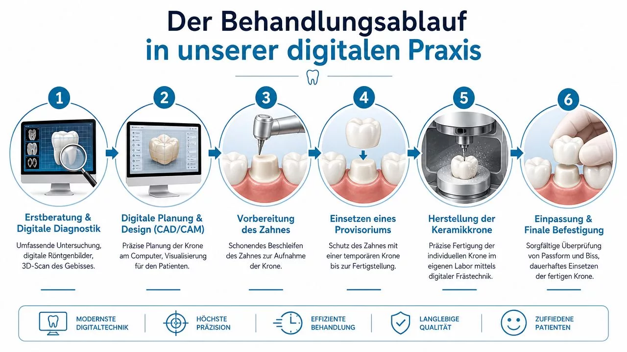 Grafische Darstellung des digitalen Behandlungsablaufs für eine Keramikkrone in sechs Schritten, von der Diagnose bis zur Befestigung.