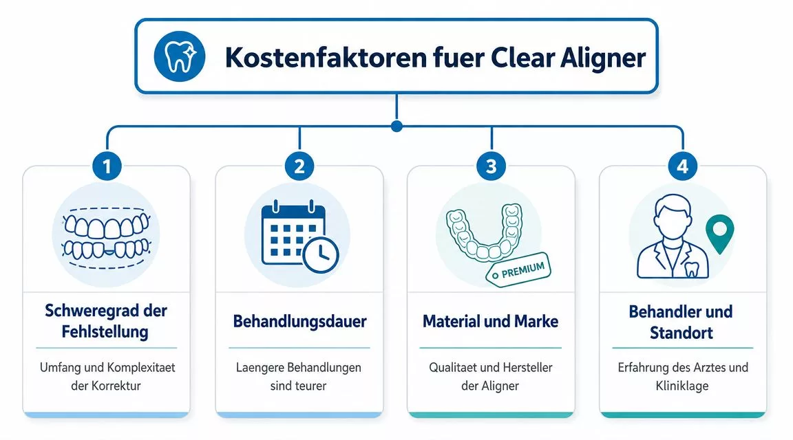 Eine Infografik mit vier wesentlichen Kostenfaktoren für die Behandlung mit unsichtbaren Zahnschienen beziehungsweise Clear Alignern.