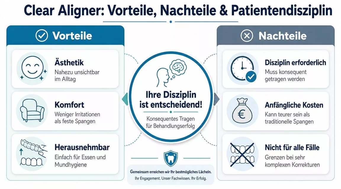 Infografik zeigt die Vorteile, Nachteile und die notwendige Patientendisziplin bei der Behandlung mit unsichtbaren Clear Alignern.