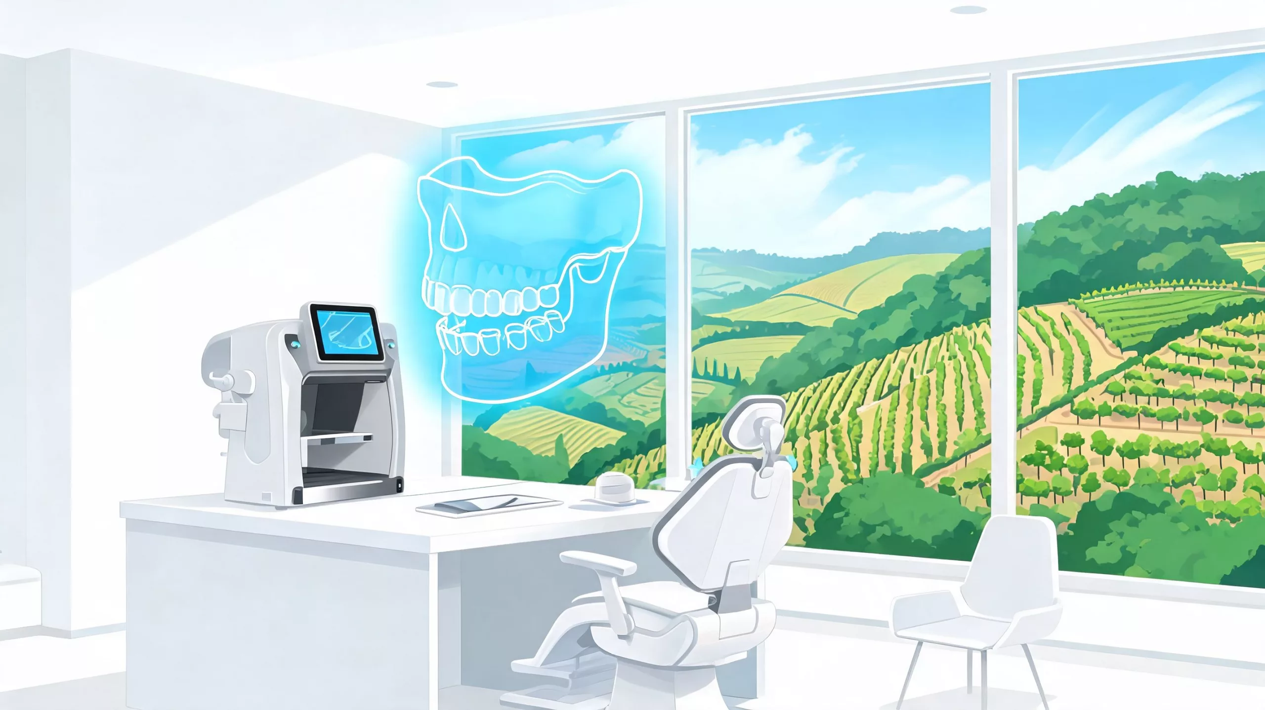 Eine moderne Zahnarztpraxis mit digitaler 3D-Kiefer-Analyse am Fenster mit Ausblick auf eine grüne Hügellandschaft.