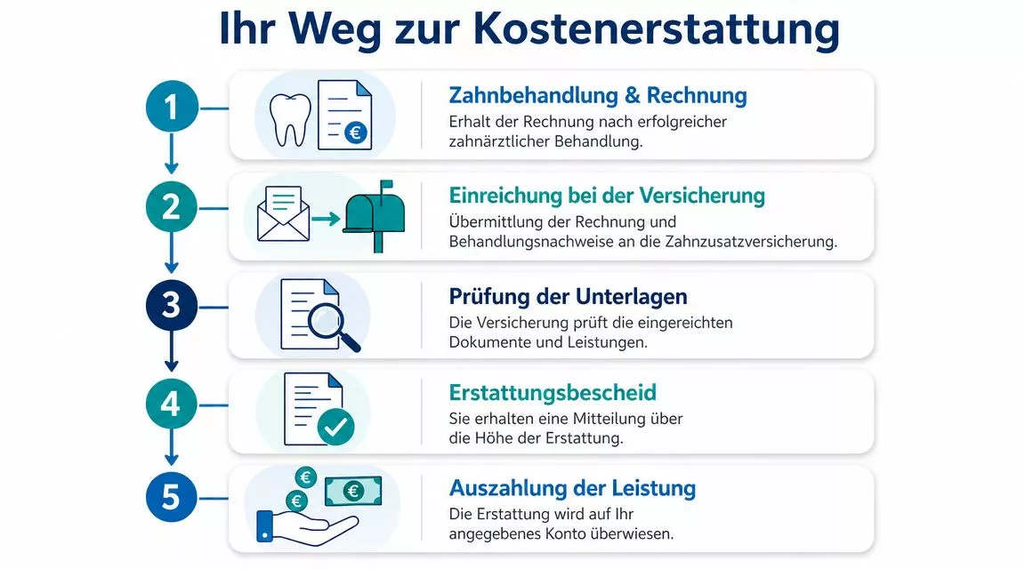 Eine Schritt-für-Schritt-Anleitung zur Kostenerstattung bei einer Zahnzusatzversicherung, dargestellt durch fünf klare Phasen von der Behandlung bis zur Auszahlung.
