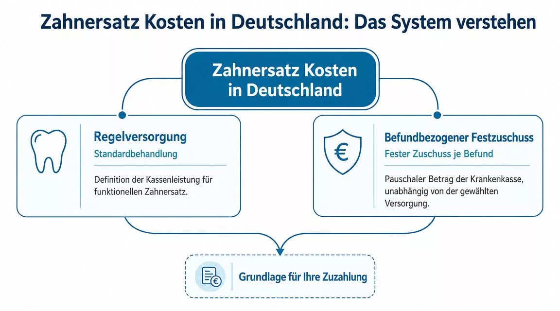 Grafik zur Erläuterung der Zahnersatzkosten in Deutschland mit Regelversorgung und befundbezogenem Festzuschuss für die Patientenzuzahlung.