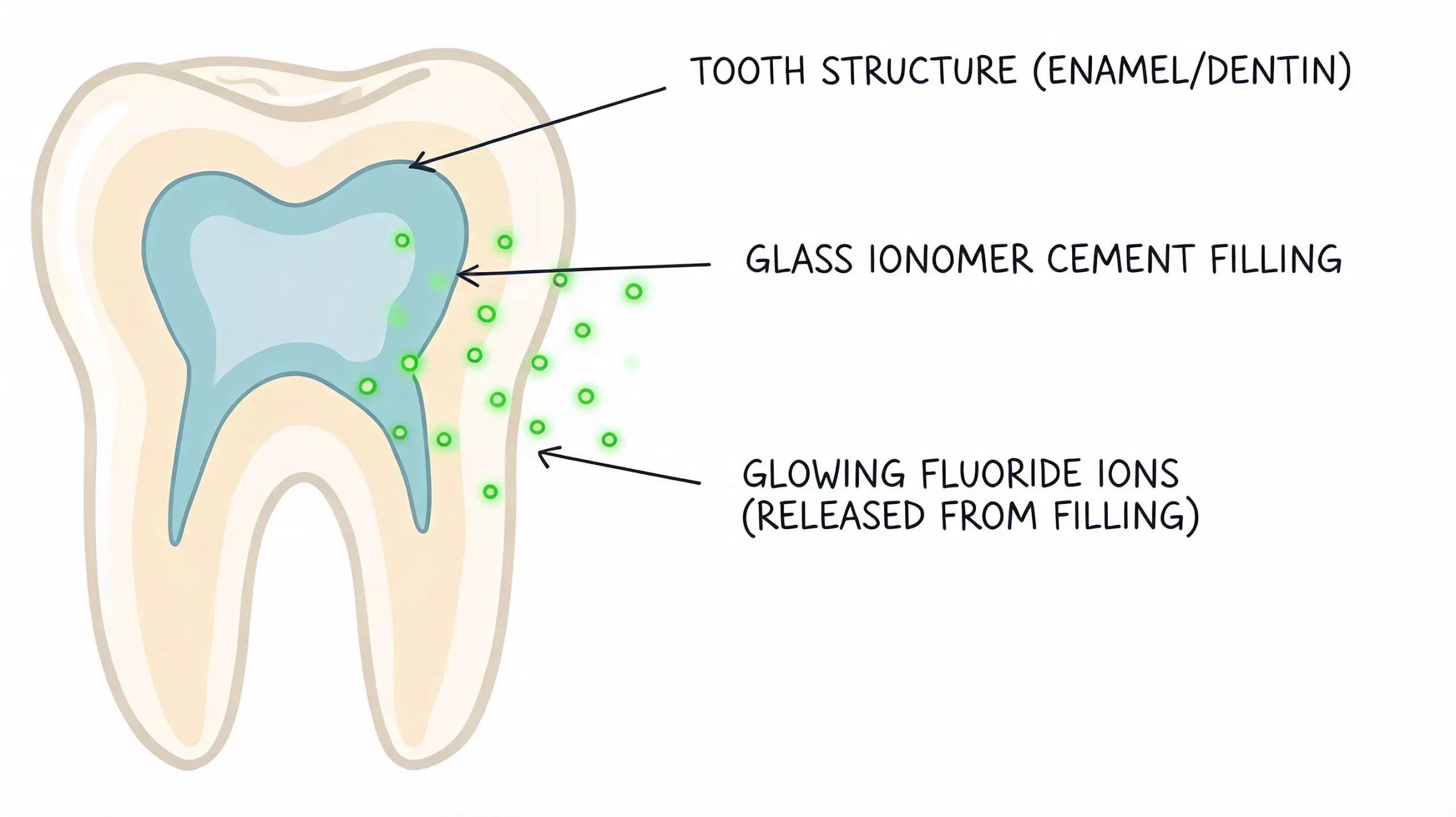 Illustration eines Zahns mit Glasionomerzement-Füllung, die zur Kariesprävention kontinuierlich Fluorid-Ionen an das umliegende Zahngewebe abgibt.