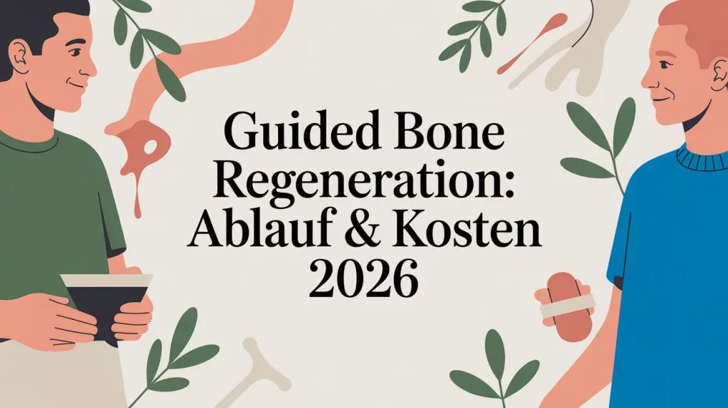 Two people face each other around a central German title about 'Guided Bone Regeneration: Ablauf & Kosten 2026', with plant motifs in the background.