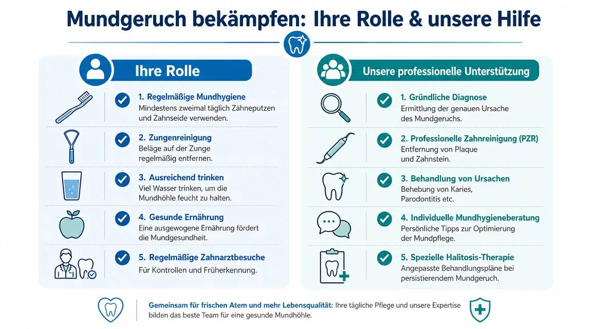 Infografik zur Bekämpfung von Mundgeruch durch tägliche Pflege und professionelle zahnärztliche Unterstützung für eine bessere Mundgesundheit.