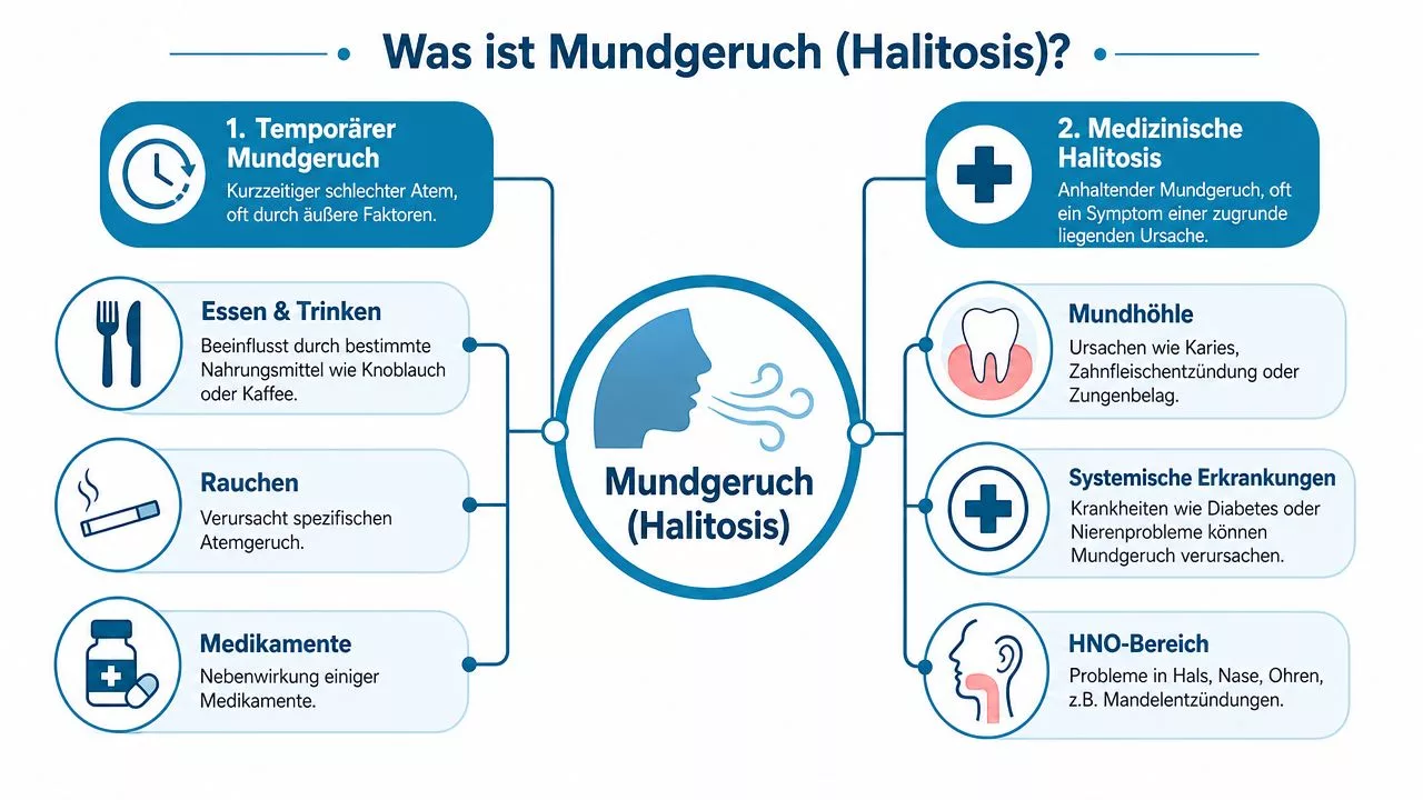 Informative Infografik über die Ursachen von Mundgeruch unterteilt in temporäre Faktoren und medizinische Hintergründe.