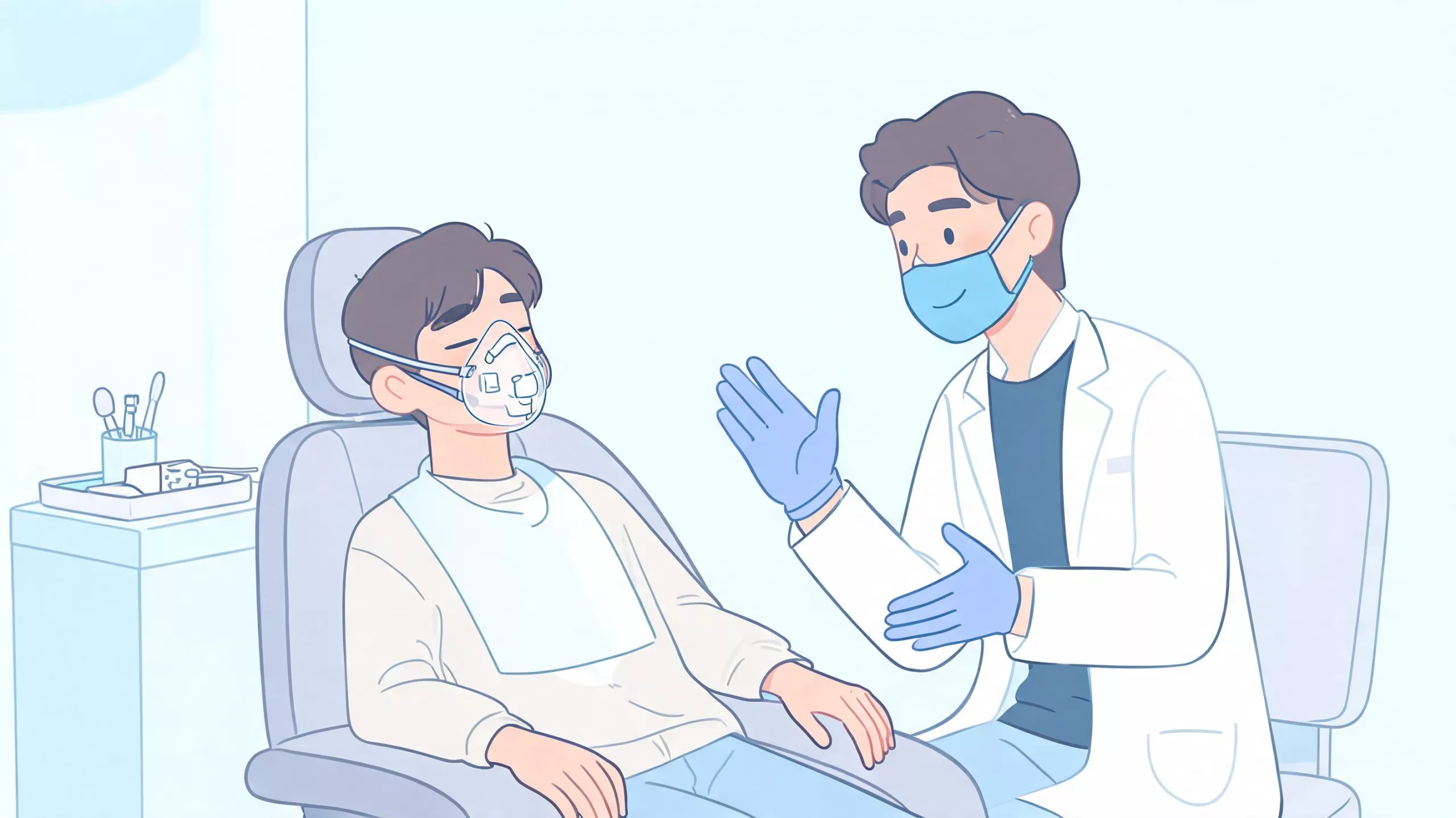 Ein Zahnarzt spricht beruhigend mit einem Patienten, der eine Lachgasmaske auf dem Zahnarztstuhl trägt.