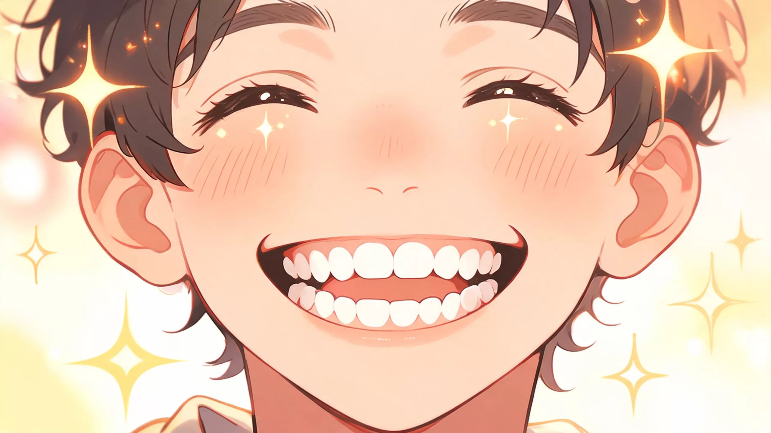 Ein glückliches, lächelndes Kind mit sichtbaren Zähnen und funkelnden Lichteffekten um das Gesicht herum im Anime-Stil.