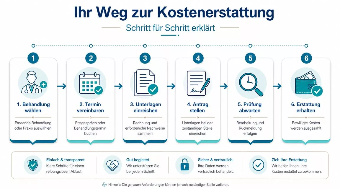 Eine Schritt-für-Schritt-Infografik, die den Prozess der Kostenerstattung für medizinische Behandlungen und Arzttermine einfach erklärt.