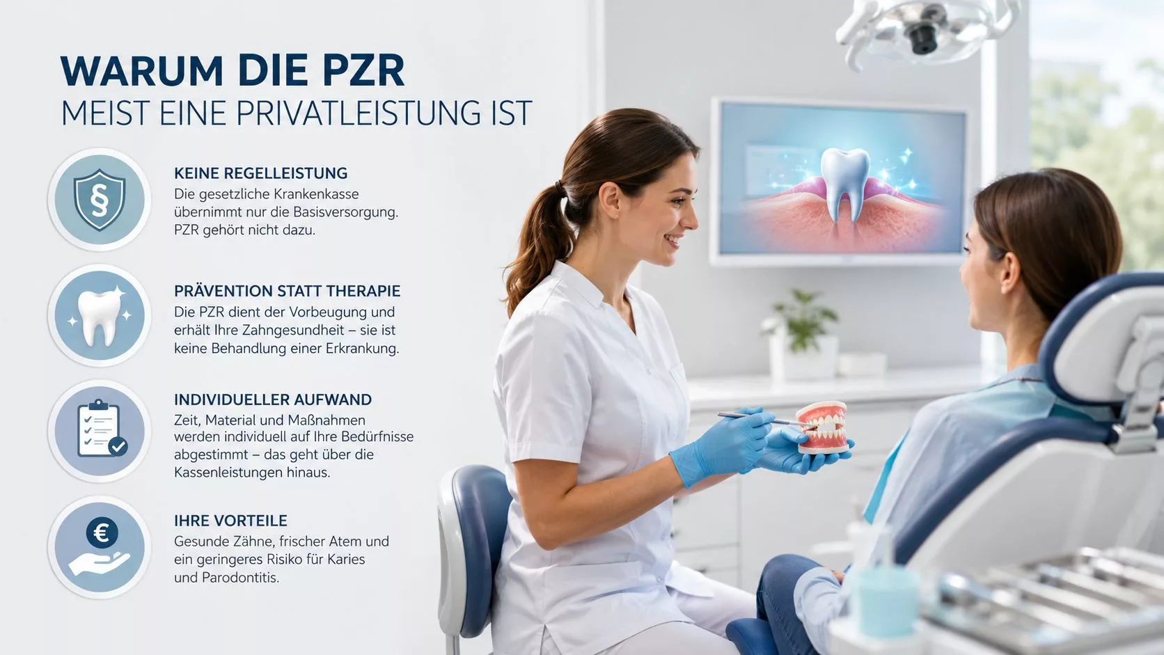 Zahnärztin erklärt einer Patientin die Hintergründe der professionellen Zahnreinigung als private Leistung in einer modernen Praxis.