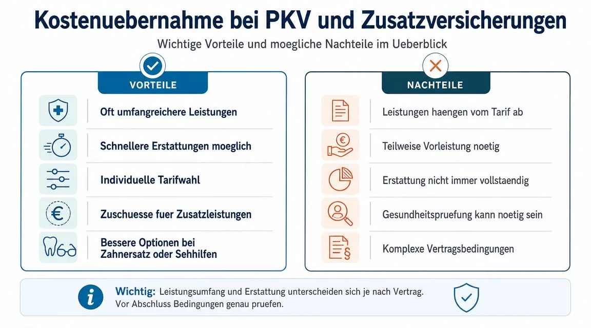 Eine Infografik über die Vor- und Nachteile von privater Krankenversicherung und Zusatzversicherungen bei der Kostenübernahme.