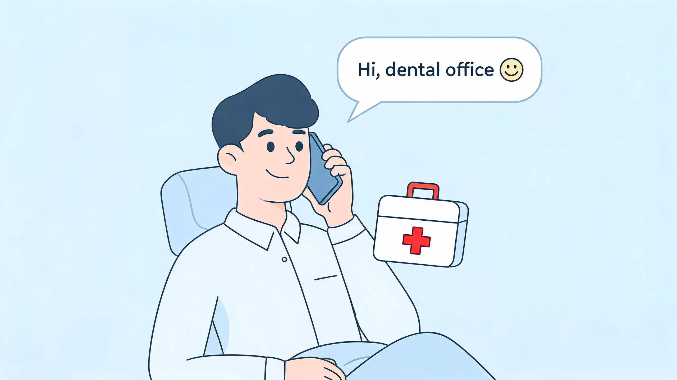 Ein Mann telefoniert mit der Zahnarztpraxis, während ein Erste-Hilfe-Kasten neben ihm in einer hellblauen Illustration schwebt.