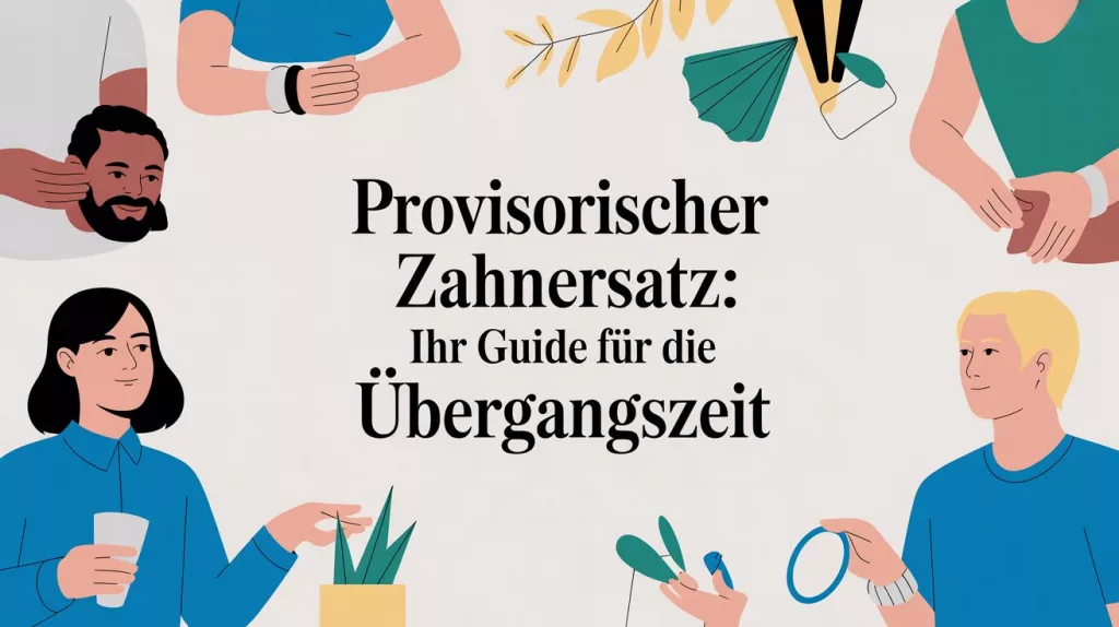 Informational banner: 'Provisorischer Zahnersatz: Ihr Guide für die Übergangszeit' surrounded by diverse people in an illustration.