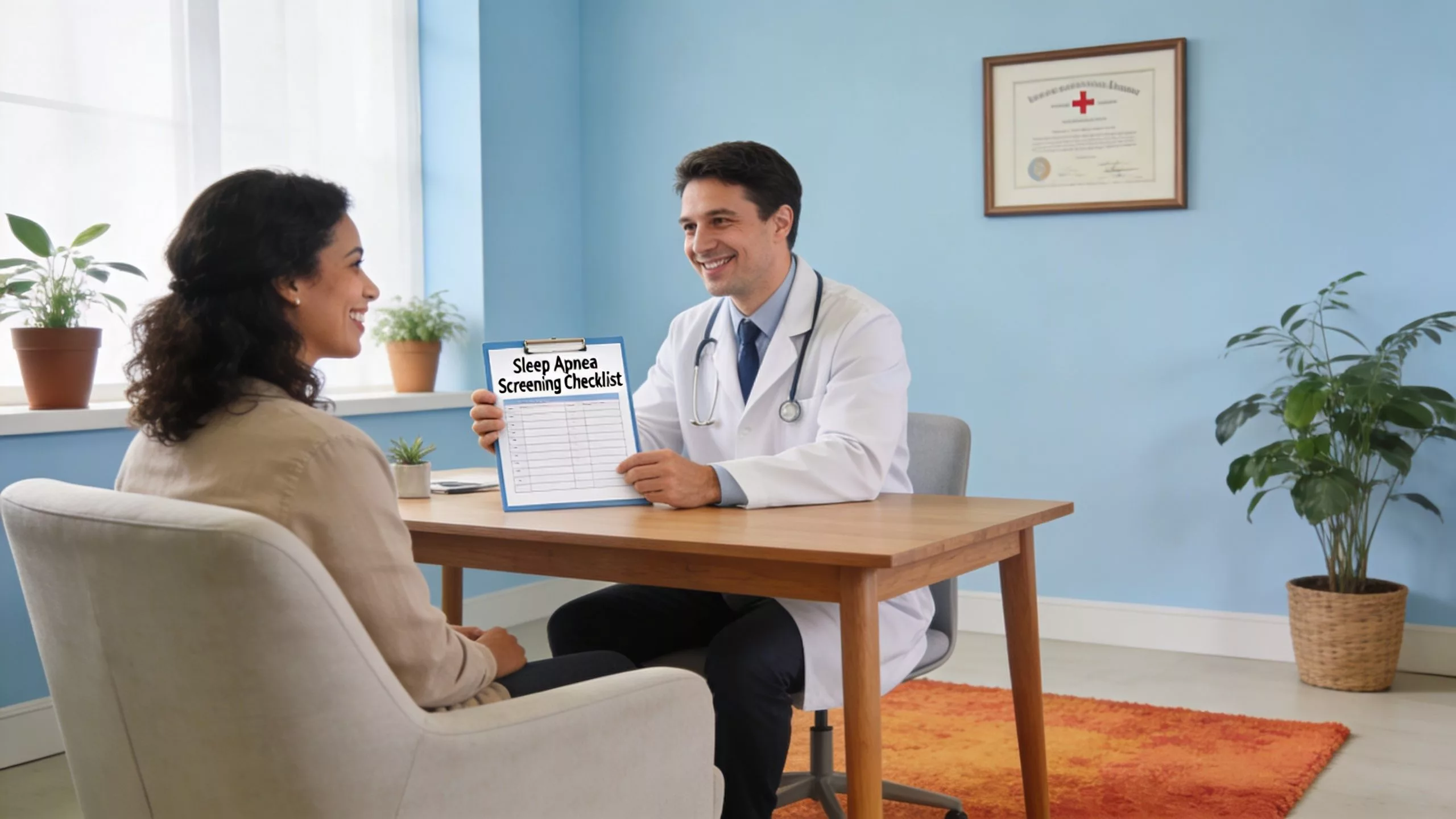 Ein freundlicher Arzt bespricht mit einer Patientin in einer modernen Praxis eine Checkliste zur Schlafapnoe-Untersuchung.