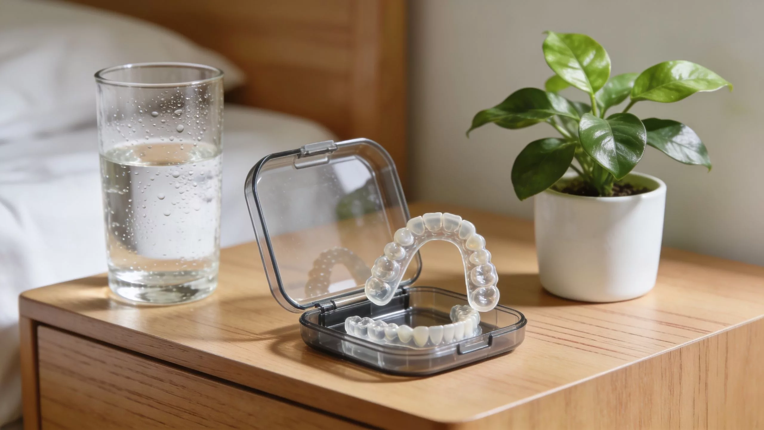 Eine Zahnschiene in einer Box neben einem Glas Wasser und einer kleinen grünen Pflanze auf einem Nachttisch.