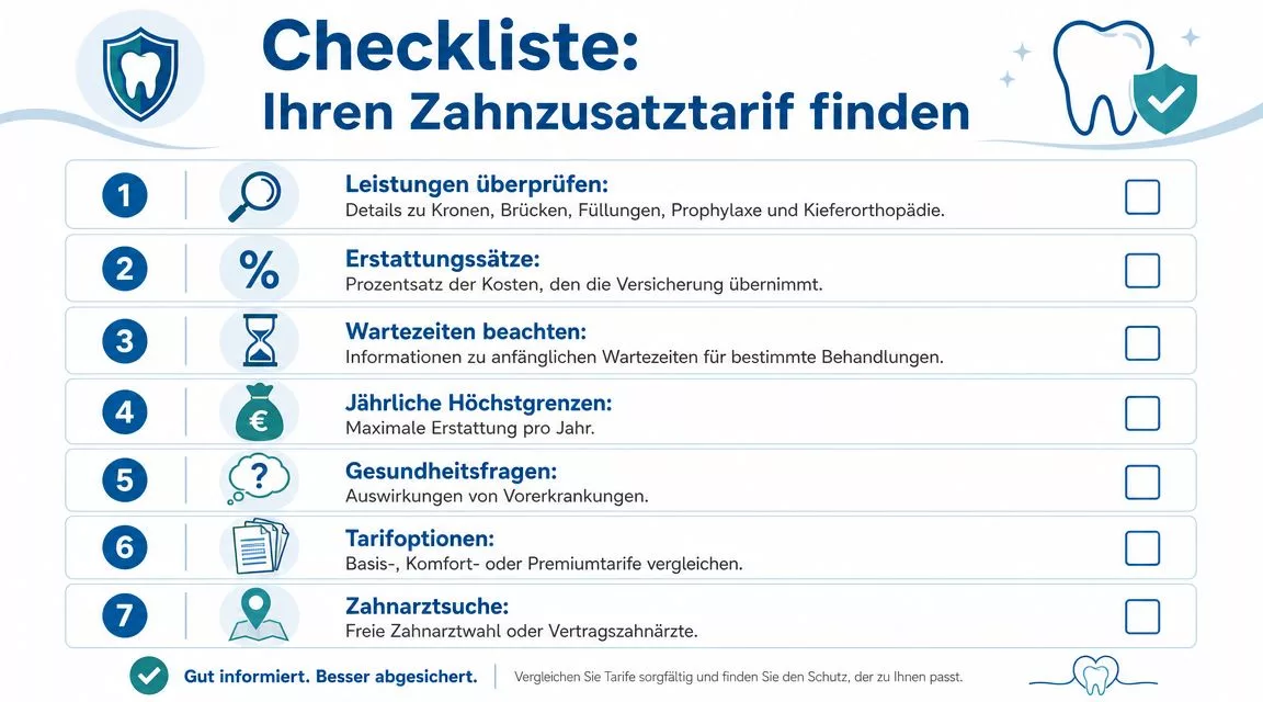 Eine Checkliste in sieben Schritten zur Auswahl des richtigen Zahnzusatzversicherungs-Tarifs für Ihre individuellen Bedürfnisse.