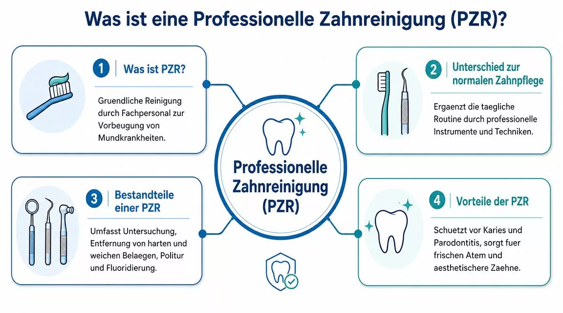 Infografik zur professionellen Zahnreinigung mit vier Schritten zu Definition, Unterschied zur Zahnpflege, Inhalten und den gesundheitlichen Vorteilen.
