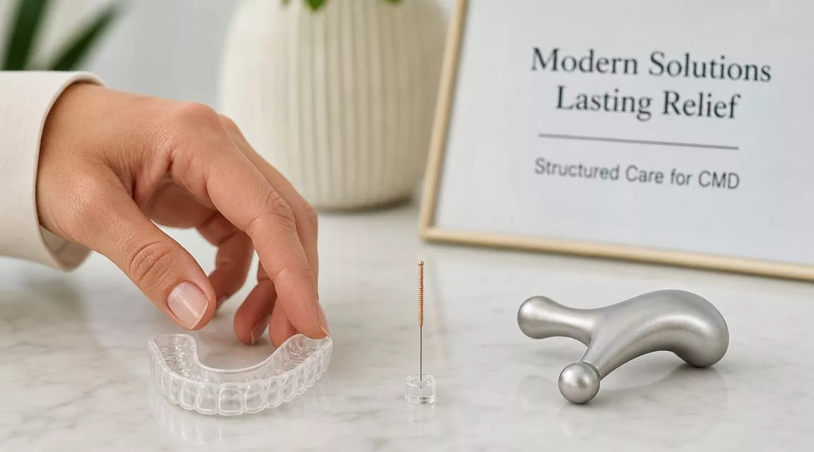 Eine Hand greift nach einer transparenten Zahnschiene neben einer Akupunkturnadel und einem Massage-Tool auf einem Marmortisch.