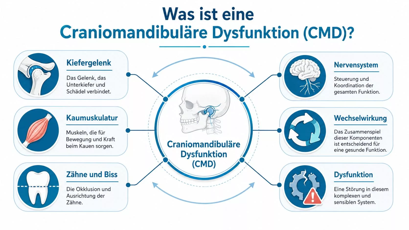 Infografik zur Craniomandibulären Dysfunktion (CMD) zeigt Kiefergelenk, Kaumuskulatur, Nervensystem, Zahn-Okklusion und das Zusammenwirken dieser komplexen Strukturen.