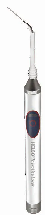 Handheld HELBO Therapeutic Laser device with curved tip for dental therapy image shows a dental laser wand