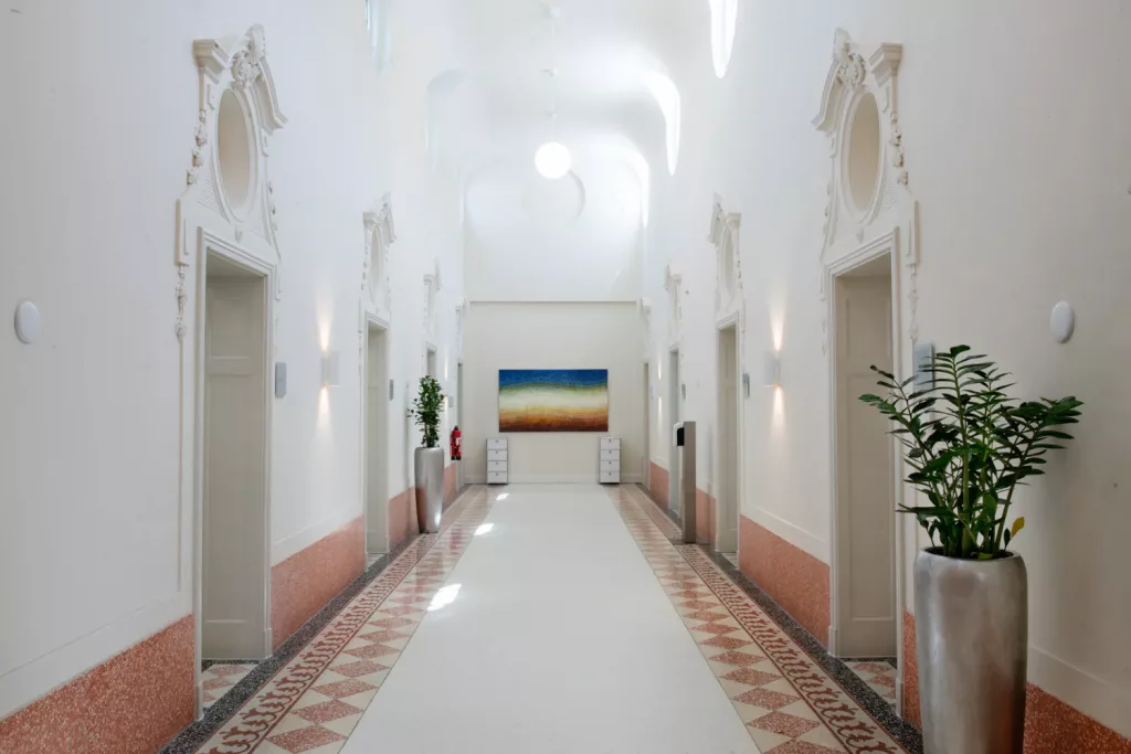 Loepraxis Dr Wilamowskiweb015 Dr Matthias Willamowski Kollegen Bright white museum like hallway with ornate door frames tall arches and potted plants at both ends converging on a colorful landscape painting