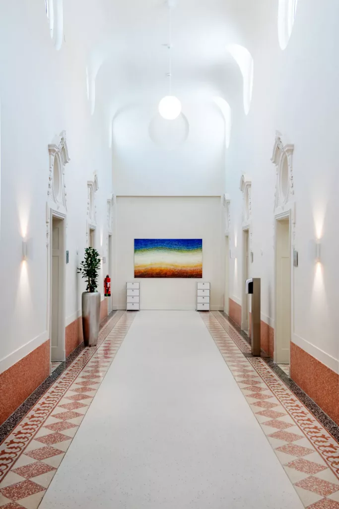 Loepraxis Dr Wilamowskiweb017 Dr Matthias Willamowski Kollegen Bright white corridor with ornate doorways a tall potted plant and a colorful landscape painting at the far end