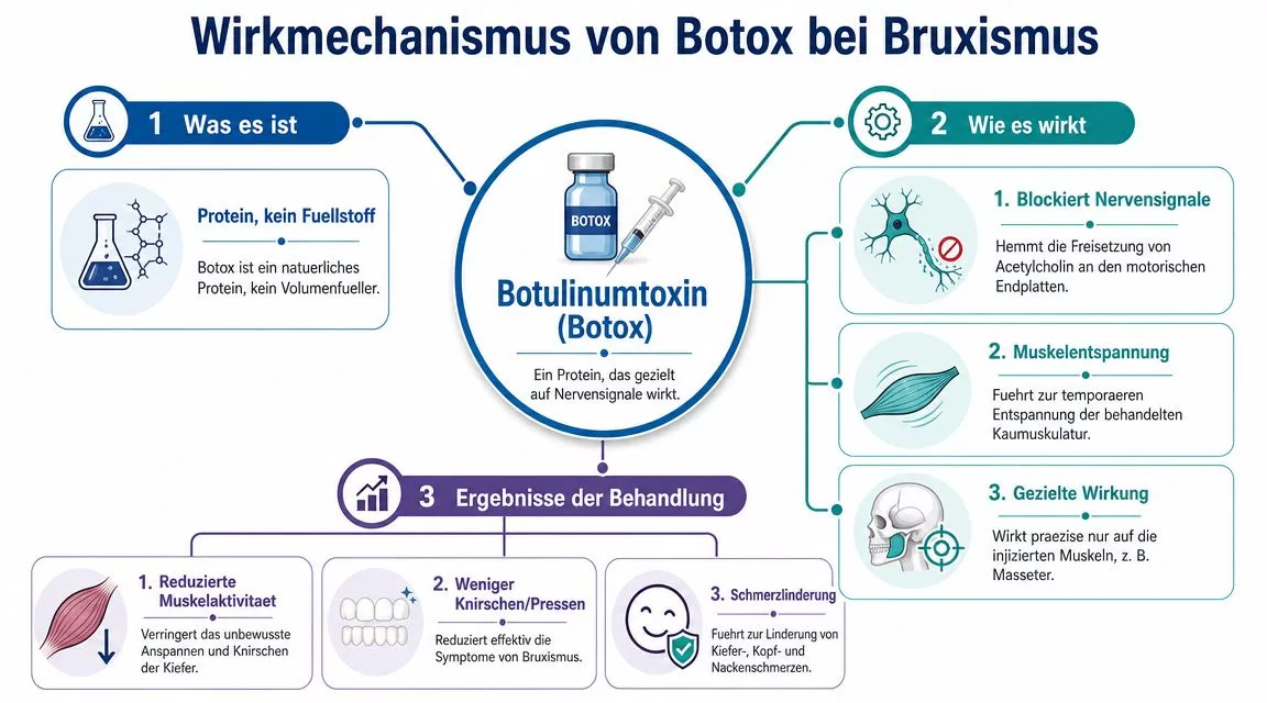 Infografik zum Wirkmechanismus von Botox bei Bruxismus, die Behandlung, Funktionsweise und Ergebnisse verständlich erklärt.