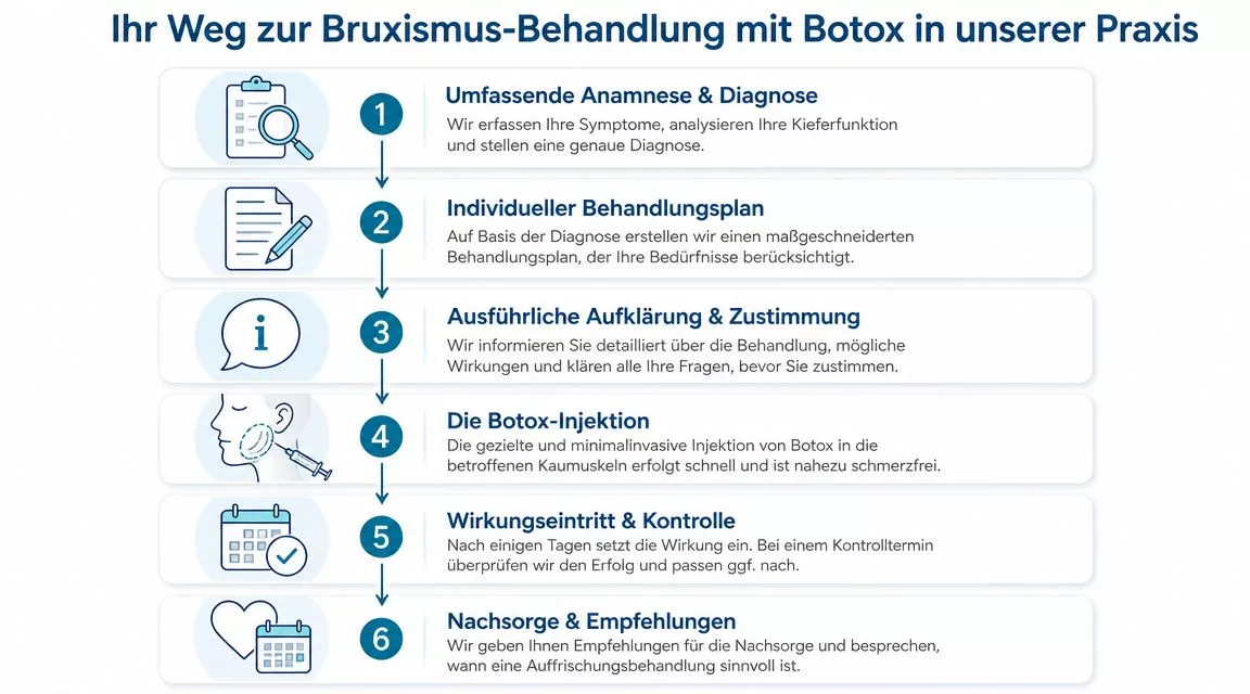 Eine Infografik mit sechs Schritten zum Ablauf einer Botox-Behandlung gegen Bruxismus in einer Zahnarztpraxis.