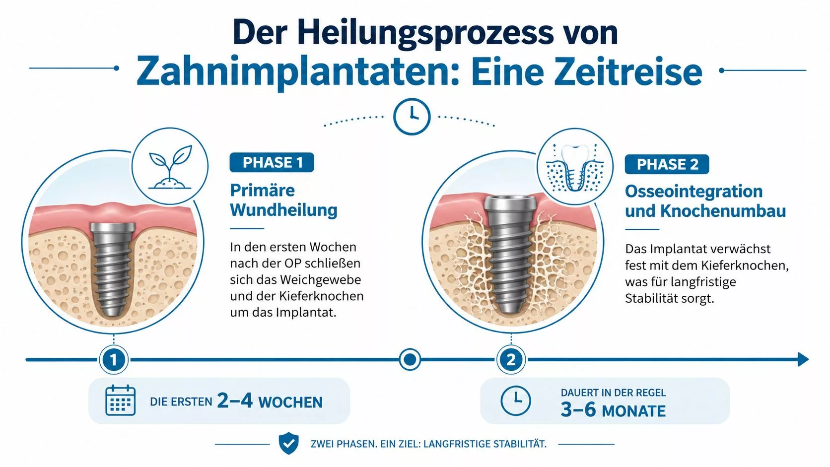 Infografik zum zweistufigen Heilungsprozess bei Zahnimplantaten, von der Wundheilung bis zur Osseointegration im Kieferknochen.