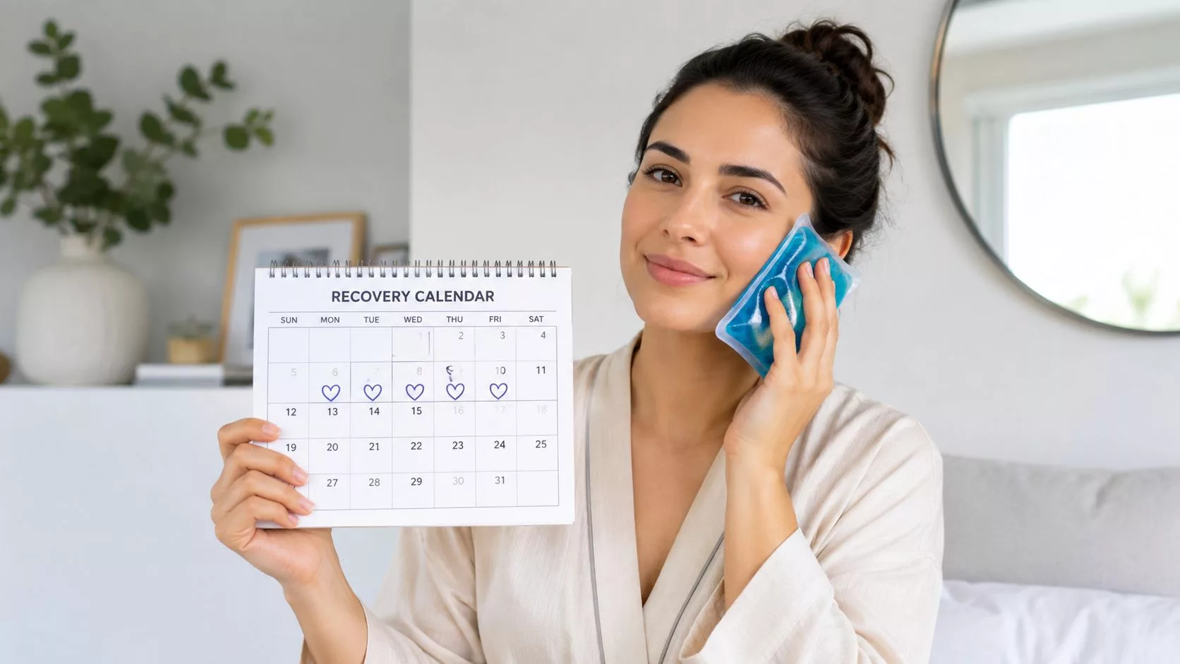 Eine Frau hält einen Genesungskalender und ein Eispack an ihre Wange nach einer zahnärztlichen Operation.