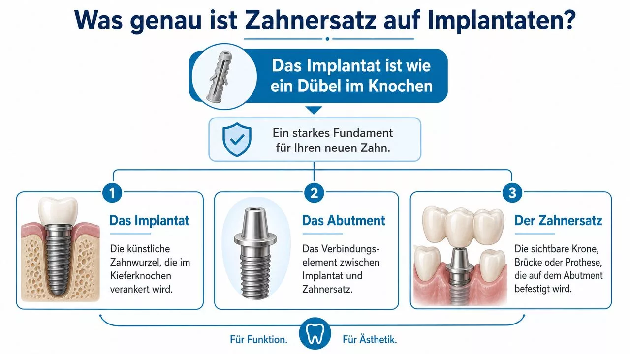 Eine Infografik erklärt den Aufbau von Zahnersatz auf Implantaten mit den drei Bestandteilen Implantat, Abutment und Zahnersatz.