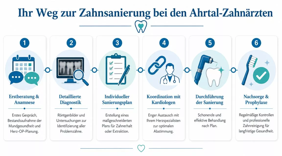 Ein sechsstufiger Prozess zur Zahnsanierung bei den Ahrtal-Zahnärzten vor einer geplanten Herzoperation.
