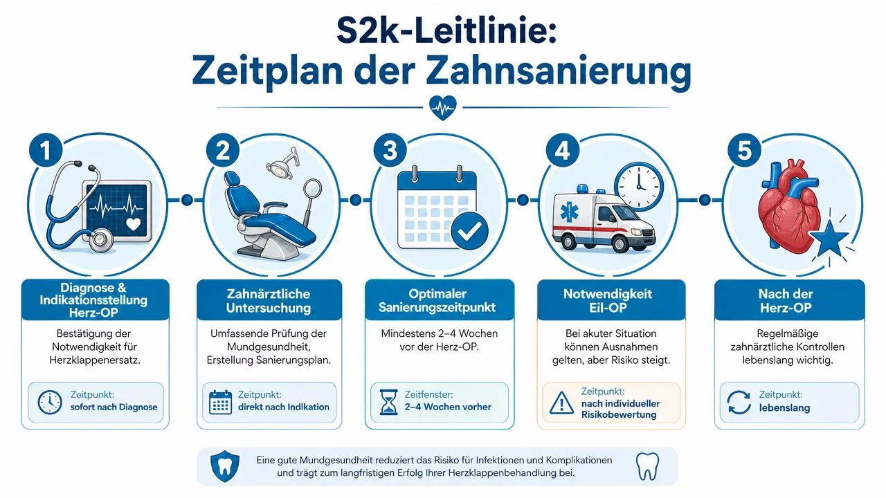 Ein fünfstufiger Zeitplan der S2k-Leitlinie zur Zahnsanierung vor einem notwendigen Herzklappenersatz für eine optimale gesundheitliche Vorsorge.