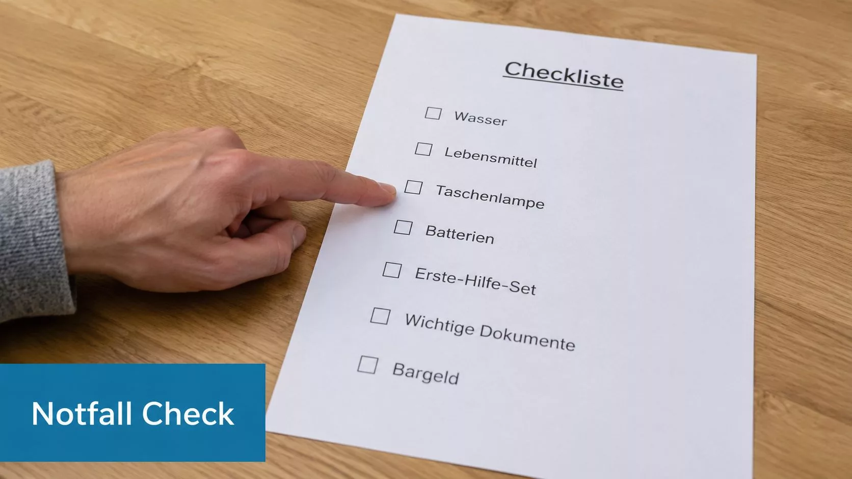 Eine Hand zeigt auf eine Checkliste für Notfälle mit aufgelisteten Gegenständen wie Wasser, Lebensmittel und Taschenlampe.