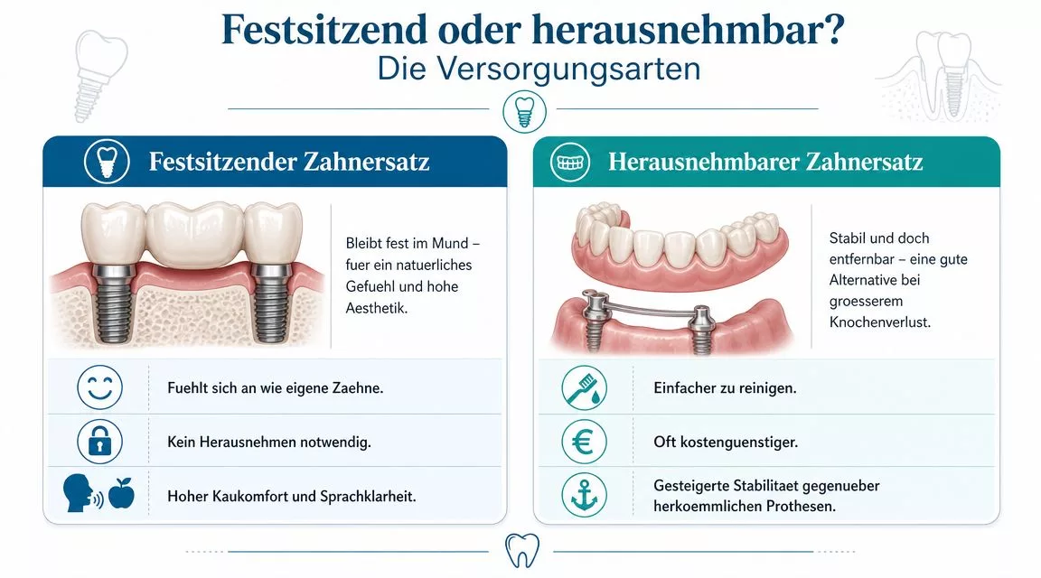 Grafik zum Vergleich von festsitzendem und herausnehmbarem Zahnersatz auf Zahnimplantaten inklusive deren spezifischer Vor- und Nachteile.