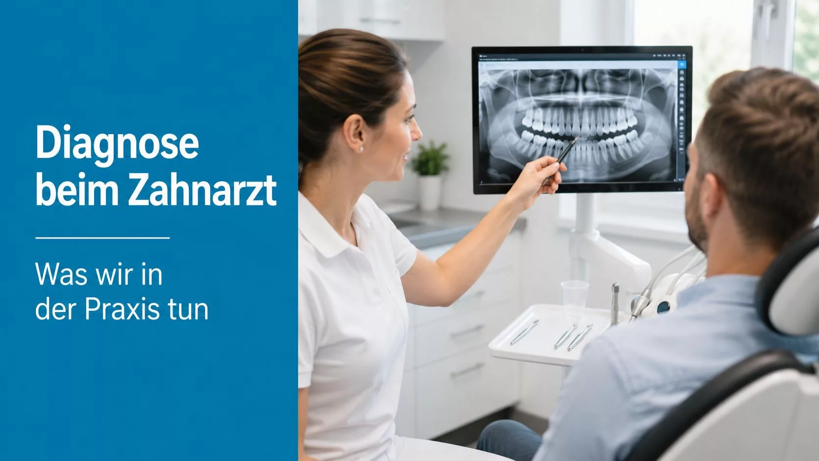 Eine Zahnärztin erklärt ihrem Patienten eine Röntgenaufnahme von Zähnen und Kiefer in einer modernen Zahnarztpraxis.