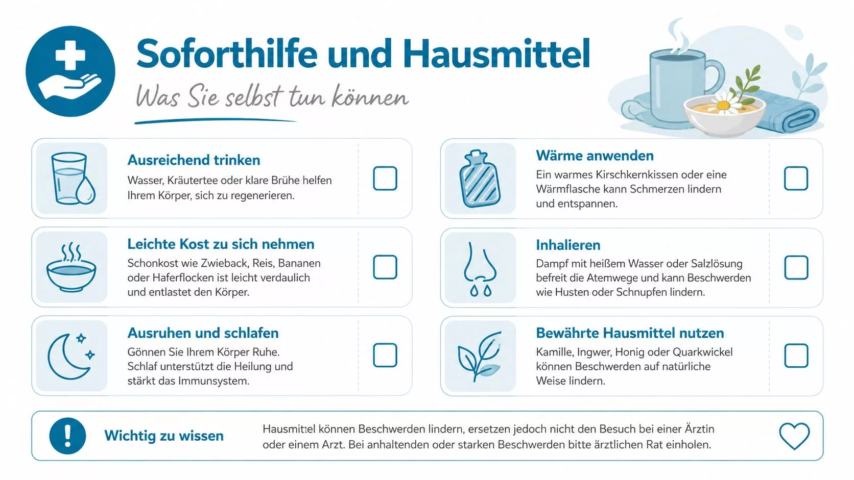 Infografik mit Tipps zur Soforthilfe und Anwendung bewährter Hausmittel bei verschiedenen gesundheitlichen Beschwerden und Erkältungssymptomen.