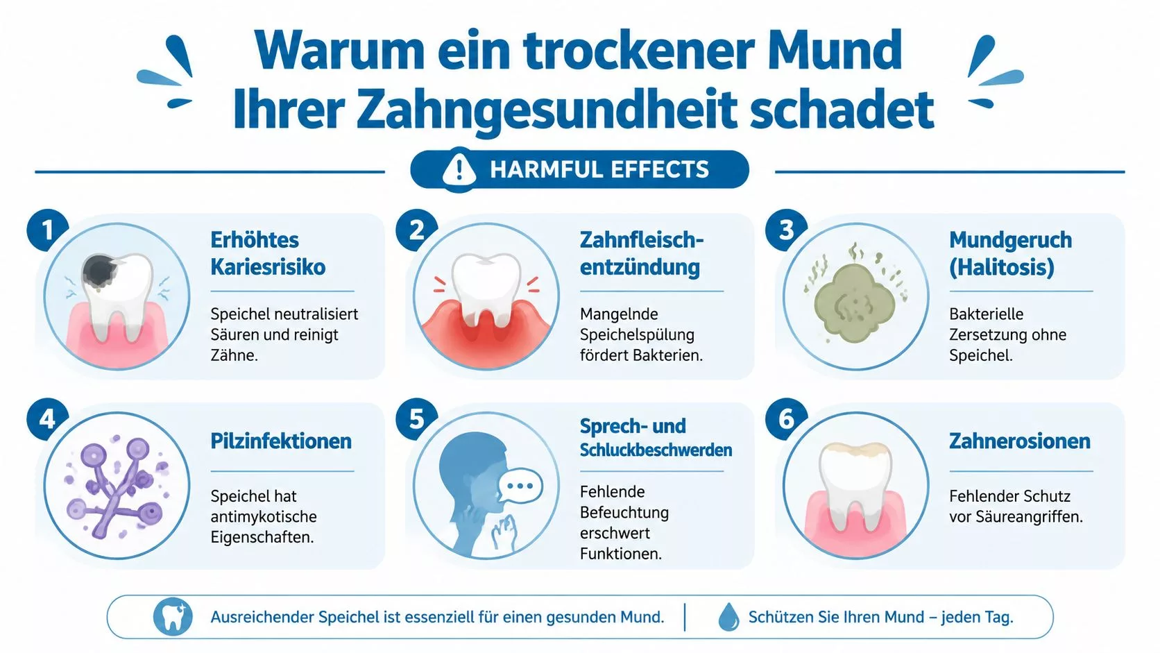 Infografik zeigt sechs gesundheitliche Risiken für Zähne und Mundraum durch einen trockenen Mund, genannt Mundtrockenheit.