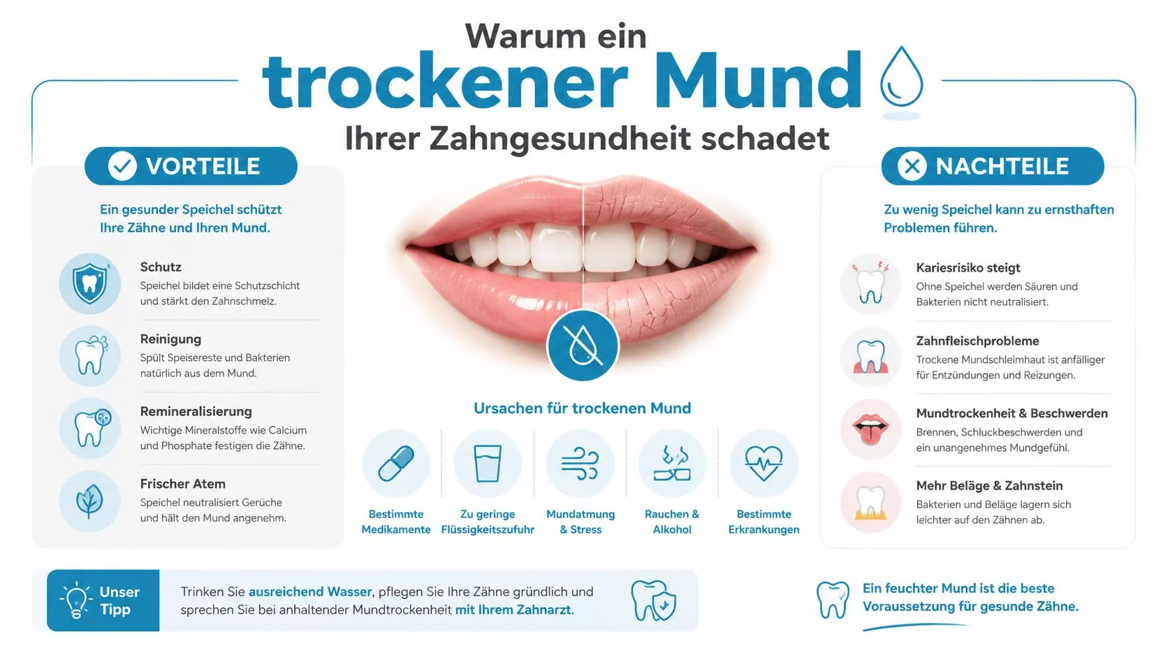 Infografik über die negativen Auswirkungen von Mundtrockenheit auf die Zahngesundheit sowie hilfreiche Tipps und Ursachen im Überblick.