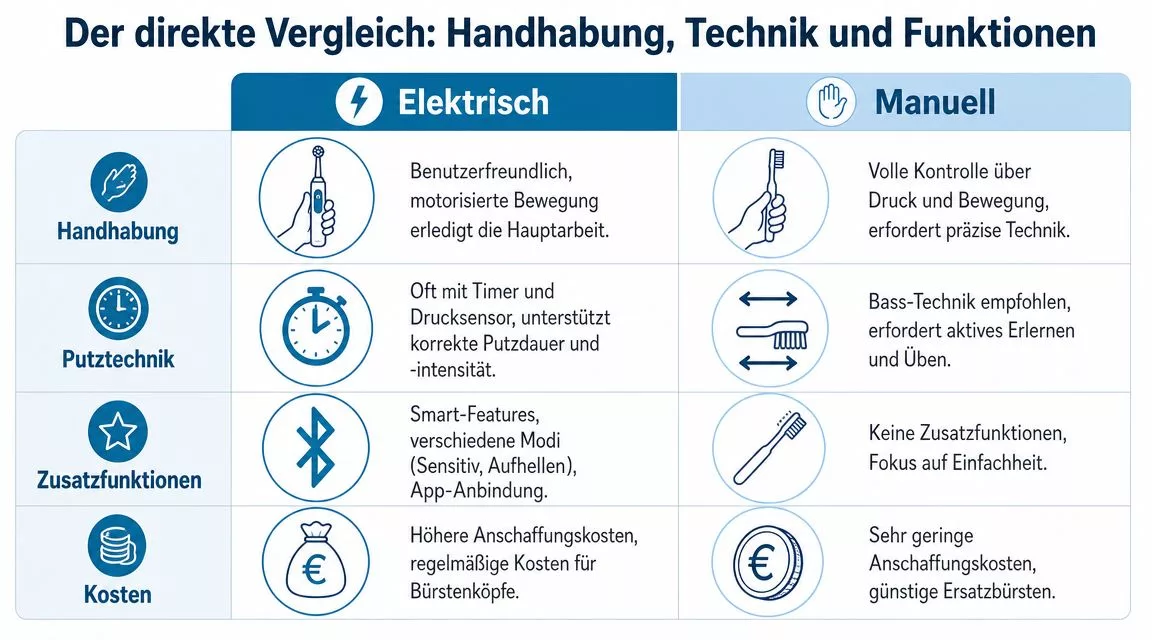 Ein direkter Vergleich der Vor- und Nachteile von elektrischen versus manuellen Zahnbürsten in einer informativen Übersichtstabelle.