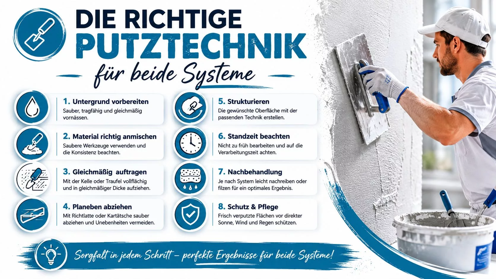 Eine Infografik zur richtigen Putztechnik für Wände, unterteilt in acht klare Arbeitsschritte für ein optimales Ergebnis.