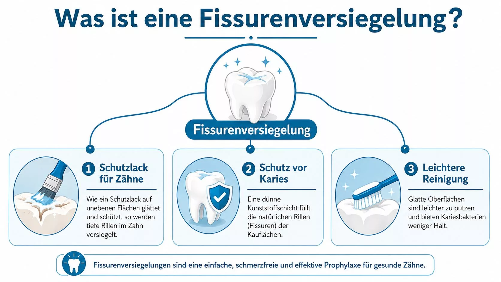 Infografik zur Fissurenversiegelung, die erklärt, wie Zähne vor Karies geschützt und einfacher gereinigt werden können.