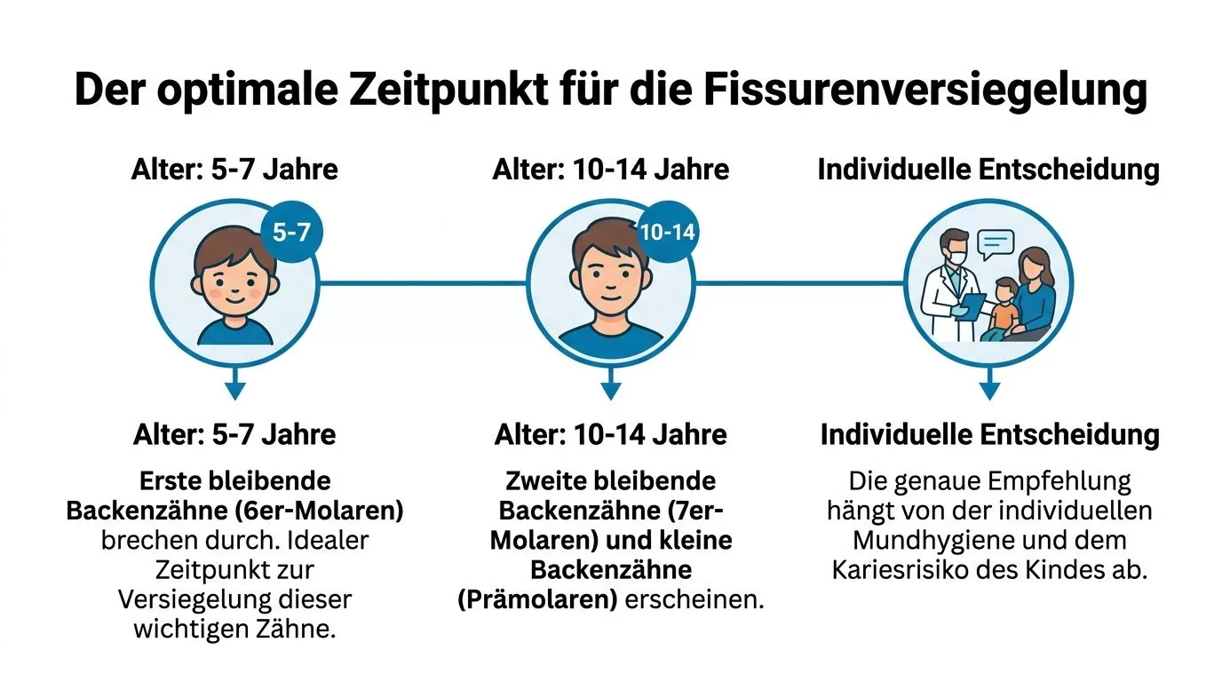 Infografik zum optimalen Zeitpunkt für eine Fissurenversiegelung bei Kindern basierend auf dem Alter und den durchbrechenden Backenzähnen.