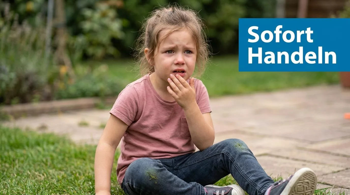 Ein kleines, weinendes Mädchen sitzt im Garten und hält sich besorgt die Hand vor den Mund.