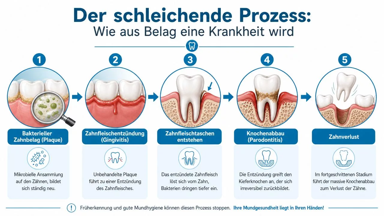 Infografik zum schleichenden Prozess der Parodontitis, von bakterieller Plaque bis hin zum unwiderruflichen Zahnverlust bei mangelnder Mundhygiene.
